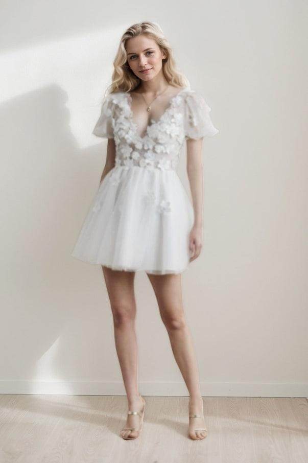 A-Line Short-Mini Lace Tulle Wedding Dress CW3414 - COCOMELODY